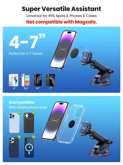 TOPK Magnetic Car Phone Holder,Universal Dashboard Windshield Industrial-Strength Suction Cup Car Phone Mount for All Phones