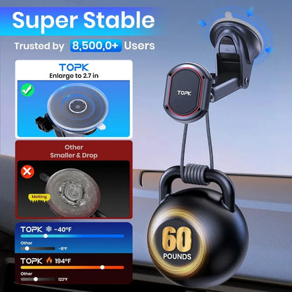 TOPK Magnetic Car Phone Holder,Universal Dashboard Windshield Industrial-Strength Suction Cup Car Phone Mount for All Phones